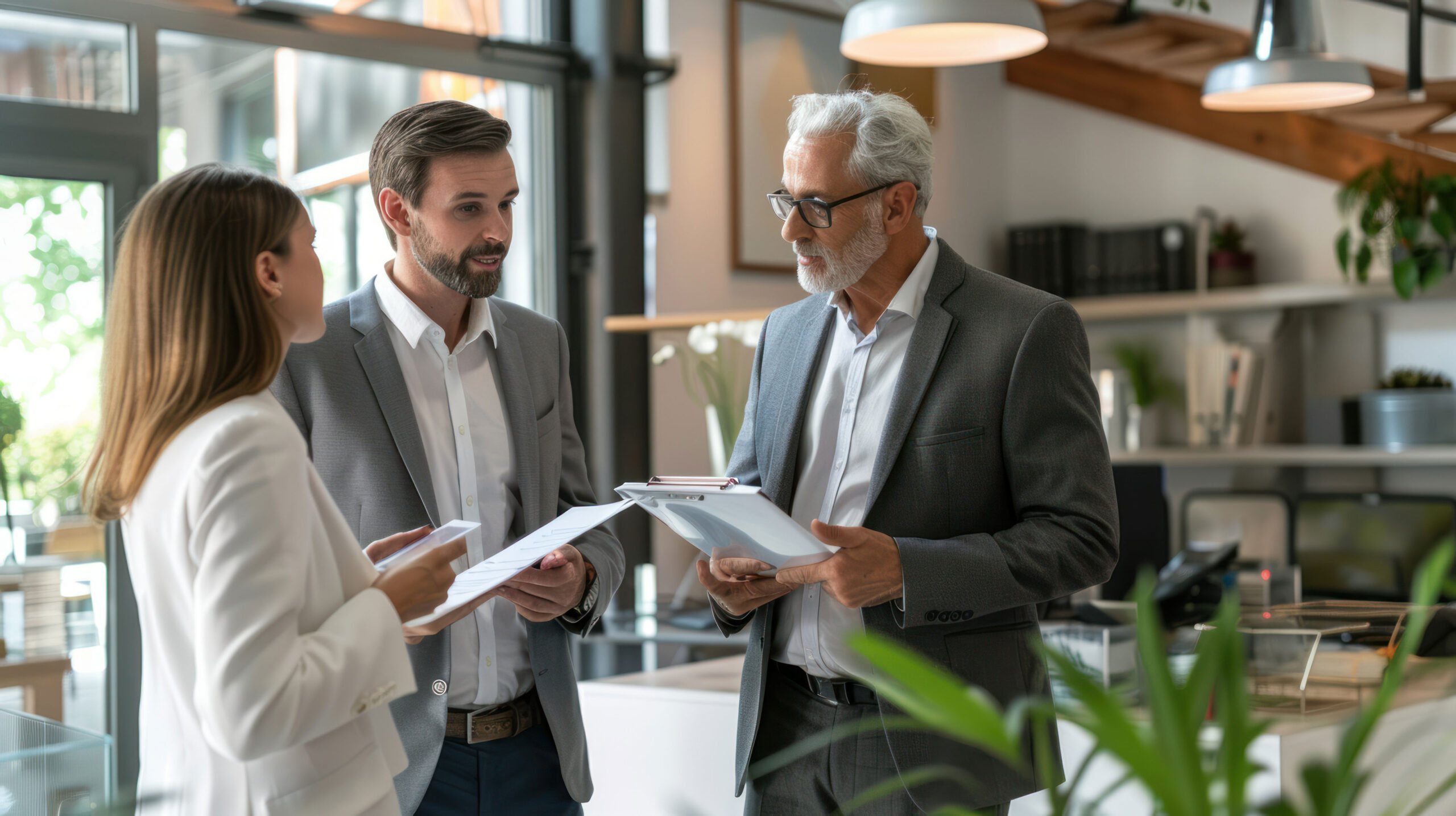 Three business professionals in suits standing in a modern office, discussing documents and holding clipboards.