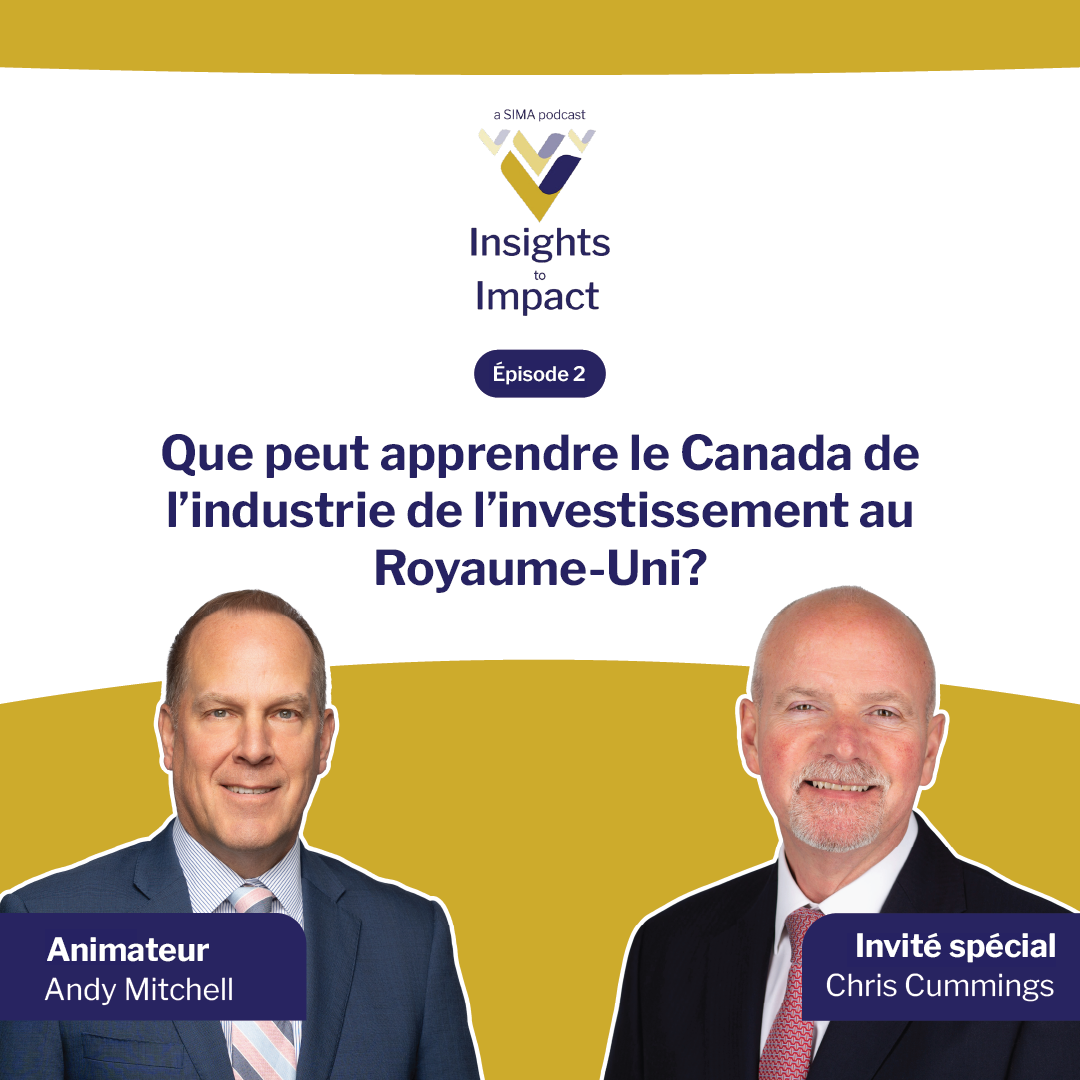 Two men in suits are pictured with text discussing what Canada can learn from the UK investment industry, featuring Andy Mitchell as host and Chris Cummings as special guest.