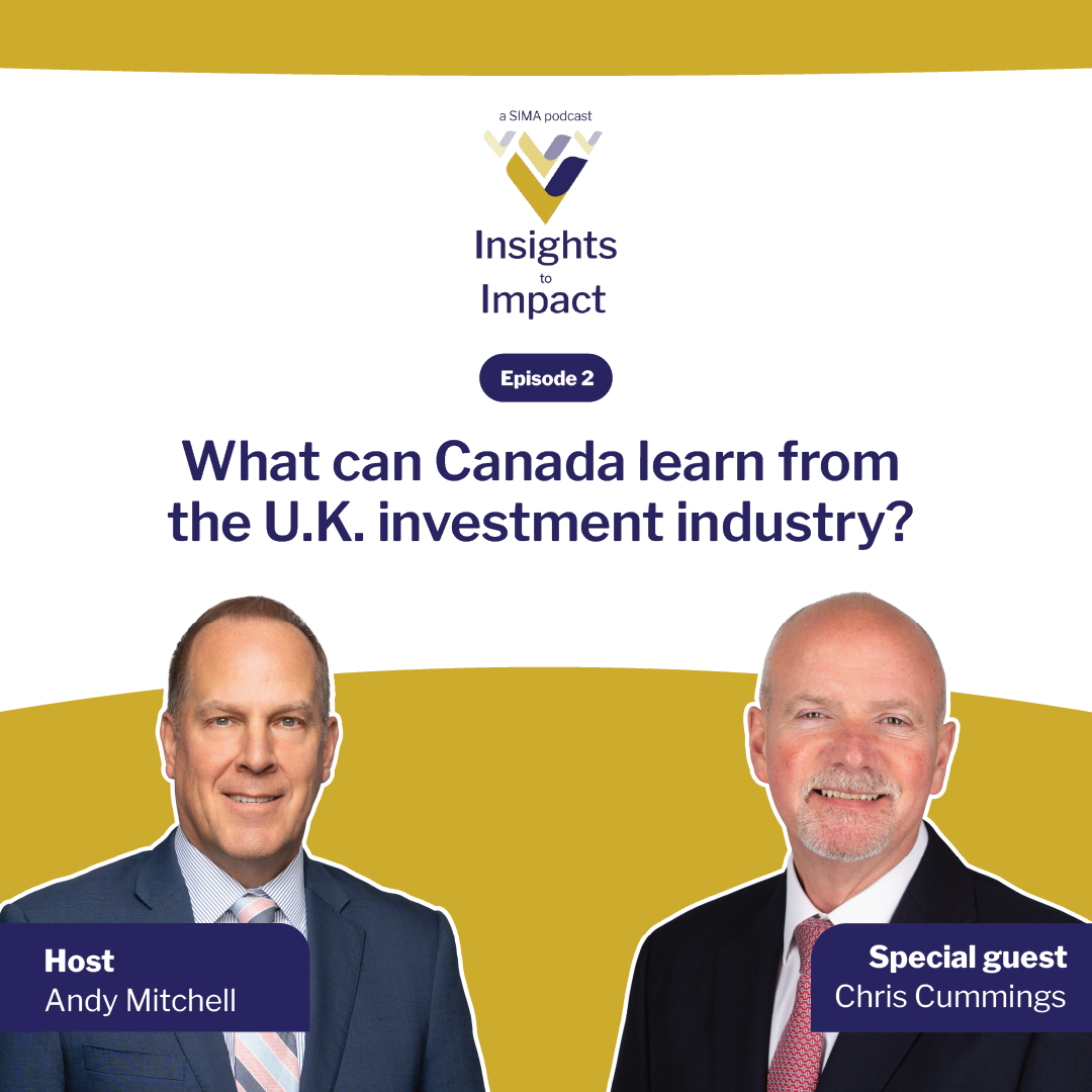 Two men in suits are pictured below text promoting a podcast episode about what Canada can learn from the U.K. investment industry, featuring host Andy Mitchell and guest Chris Cummings.