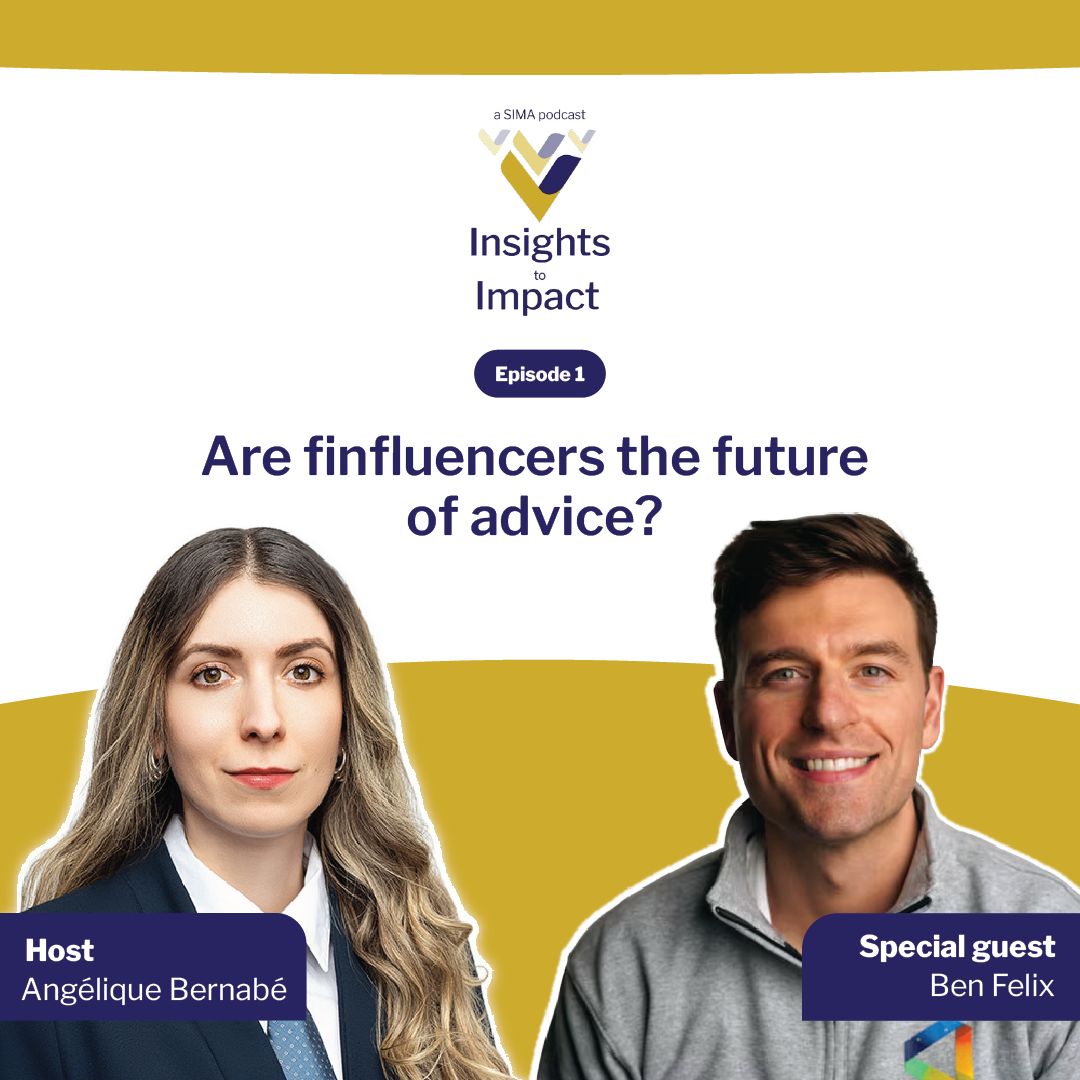 Podcast cover with the title “Are finfluencers the future of advice?”, featuring host Angélique Bernabé on the left and special guest Ben Felix on the right.